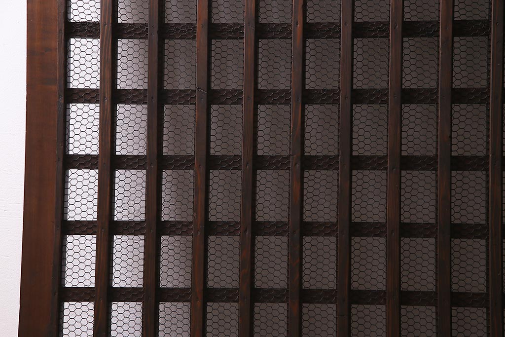 アンティーク建具　明治大正期　亀甲金網　細かなマス目が目を惹く珍しいサイズの格子蔵戸(建具、引き戸、玄関戸)(R-038187)