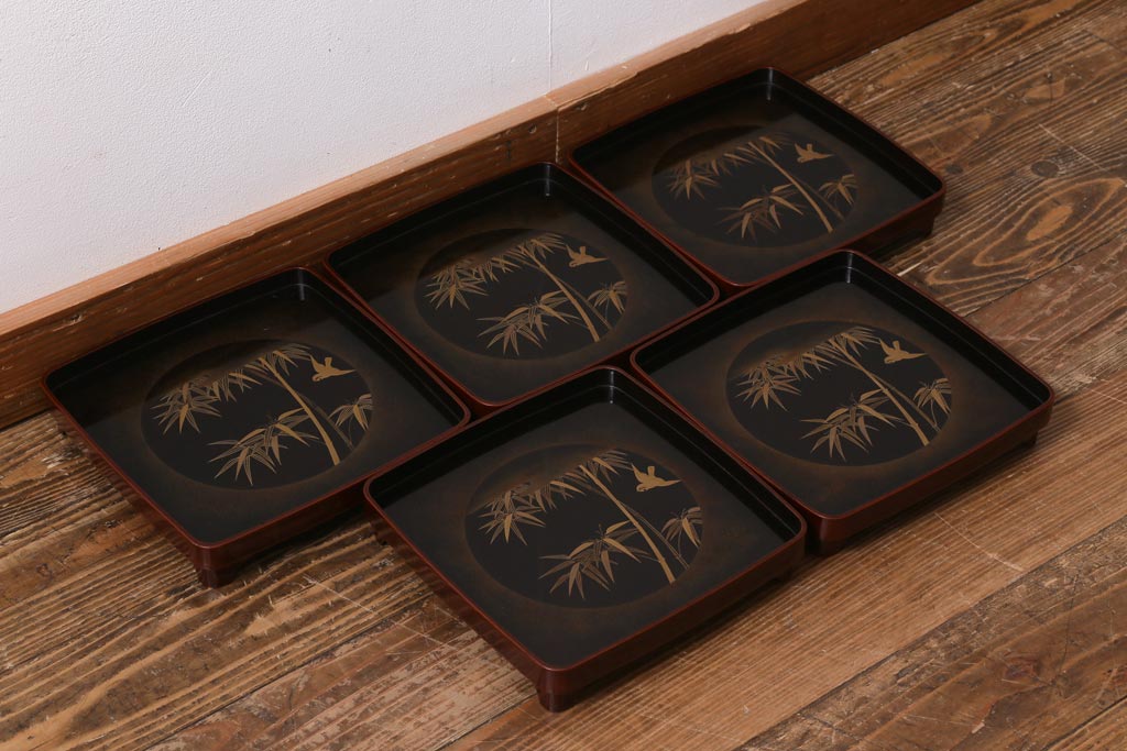 アンティーク雑貨　時代物　大正昭和初期　蒔絵　竹と雀図　漆器　角盆5枚セット(R-039111)
