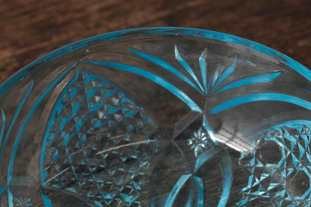 アンティーク雑貨　昭和初期　爽やかな水色が素敵なプレスガラスのキャンディーポット(蓋付き器、小物入れ)(R-039320)