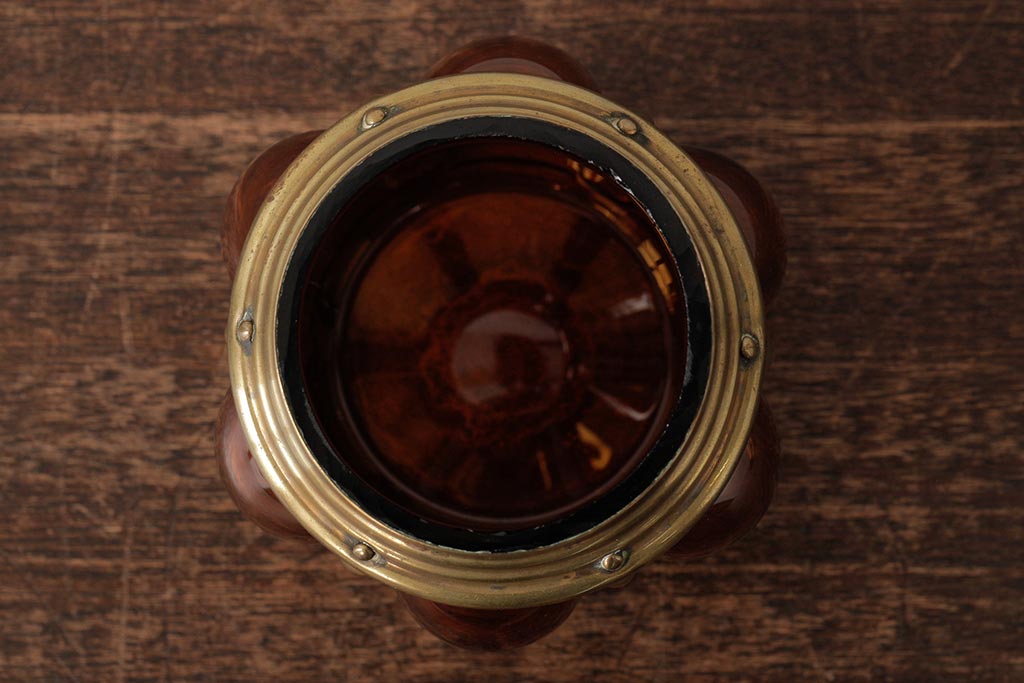 アンティーク雑貨　アメリカビンテージ　オレンジのガラスが目を引くキャンディポット(蓋付き器、小物入れ)(R-039323)