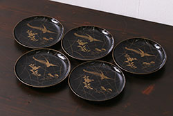明治〜大正期　在銘　黄銅　角切　食卓に和の趣を演出する茶托5客セット(茶道具、コースター、共箱付き)(R-062528)
