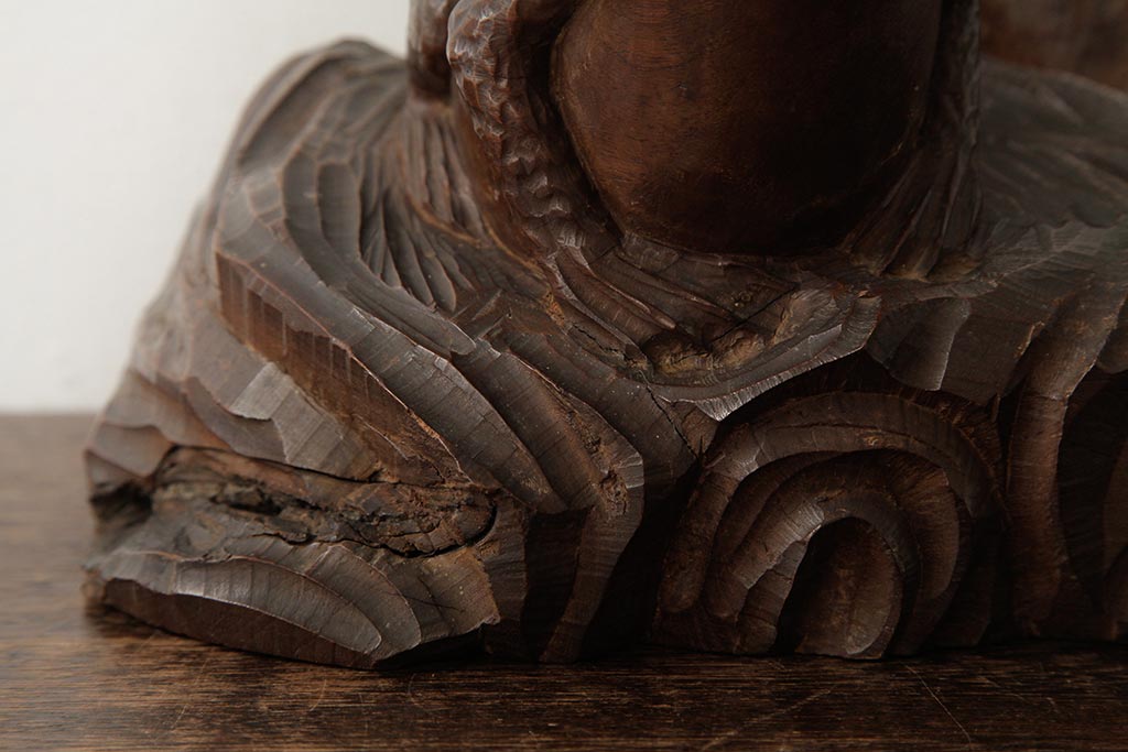 ビンテージ雑貨　和製ビンテージ　明治大正期　かえるの置物(木彫り、民芸品)(R-039410)