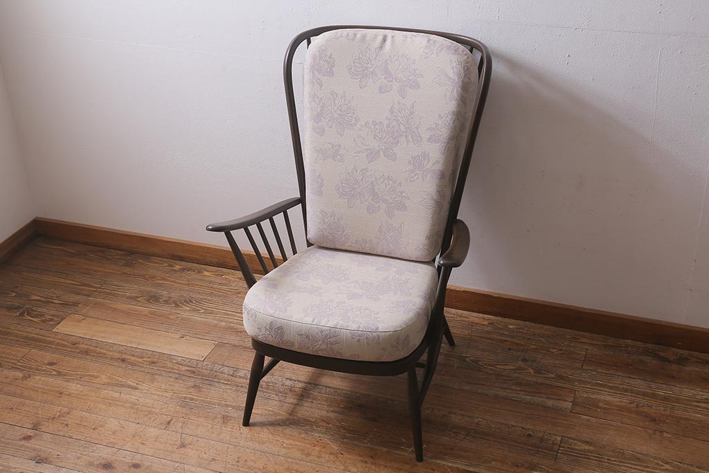 ヴィンテージ家具　ERCOL(アーコール)　エバーグリーン　エレガントな雰囲気漂う1人掛けイージーチェア(ラウンジチェア、アームチェア、椅子、ソファ、ビンテージ)(定価約29万円)(R-039434)