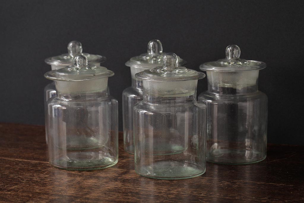 アンティーク雑貨 レトロ雑貨 アンティークボトル 小さな蓋付きガラス瓶5個セット(ガラスビン)(R-039455) ラフジュ工房
