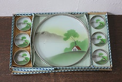 昭和レトロ　箱付き　風景　ガラストレー1枚・ガラスコースター6枚セット(コップ敷き)(R-039987)