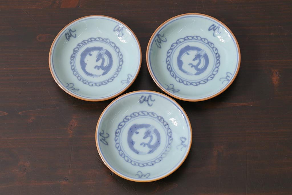 アンティーク雑貨　江戸期　萬歴年製　染付　4寸小皿3枚(和食器)(R-040063)