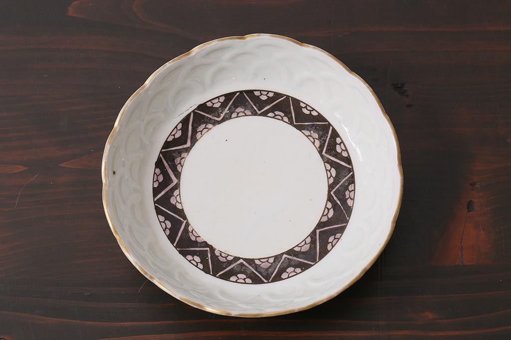アンティーク雑貨　江戸明治期　白磁陽刻なます皿3枚セット(中皿、和食器)(R-040066)