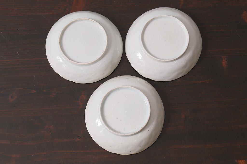 アンティーク雑貨　江戸明治期　白磁陽刻なます皿3枚セット(中皿、和食器)(R-040066)