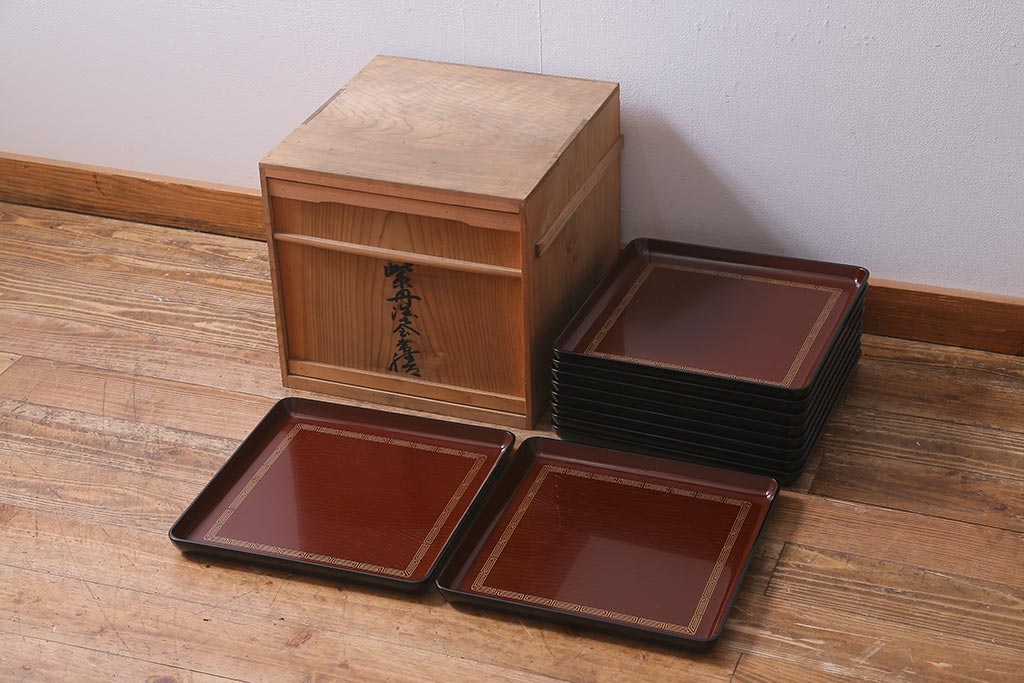 レトロ雑貨 輪島塗 柴丹塗会席膳10客(木製紫檀漆器)(R-040113 