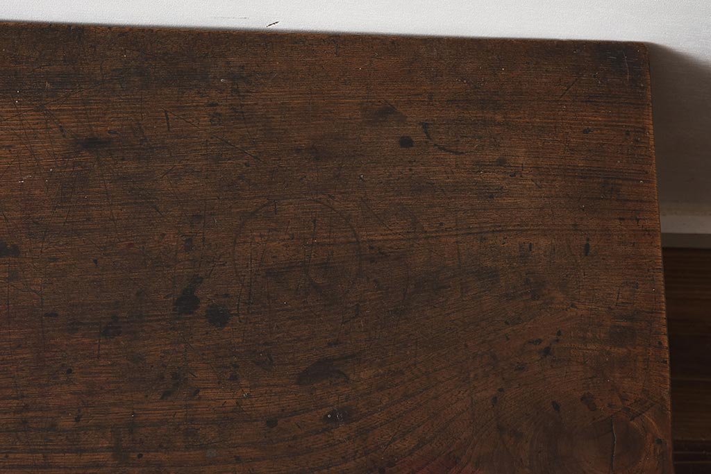 アンティーク家具　明治大正期　天板ケヤキ一枚板　両面に取っ手が付いた引き出し付きの座卓(ローテーブル、座机、リビングテーブル)(R-040231)