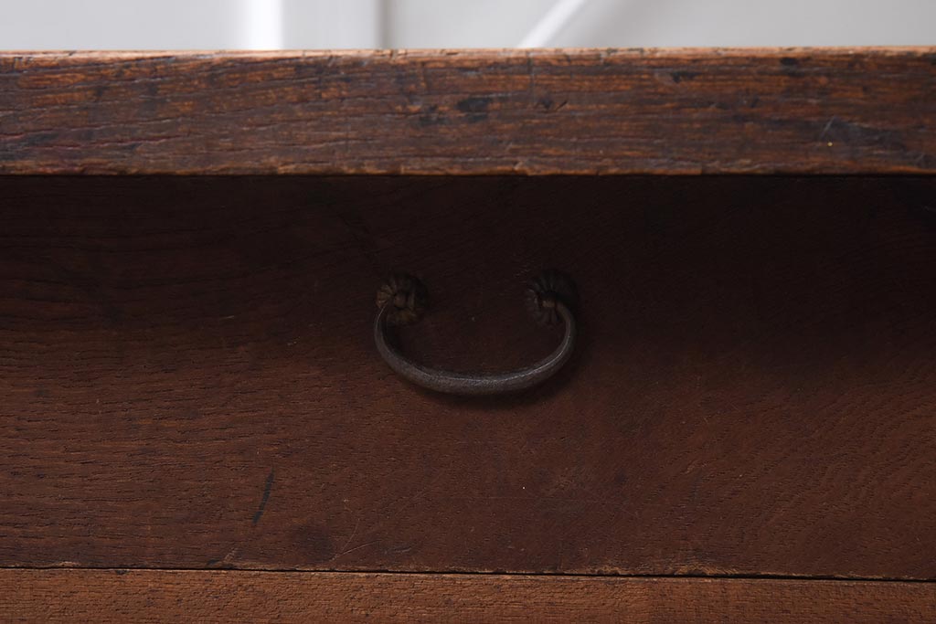 アンティーク家具　明治大正期　天板ケヤキ一枚板　両面に取っ手が付いた引き出し付きの座卓(ローテーブル、座机、リビングテーブル)(R-040231)
