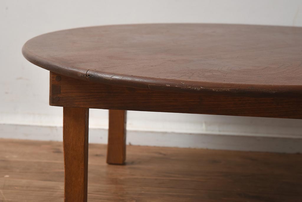 レトロ家具　昭和初期　栓材　くっきりした木目が魅力の丸ちゃぶ台(折りたたみテーブル、座卓、ローテーブル)(R-040565)