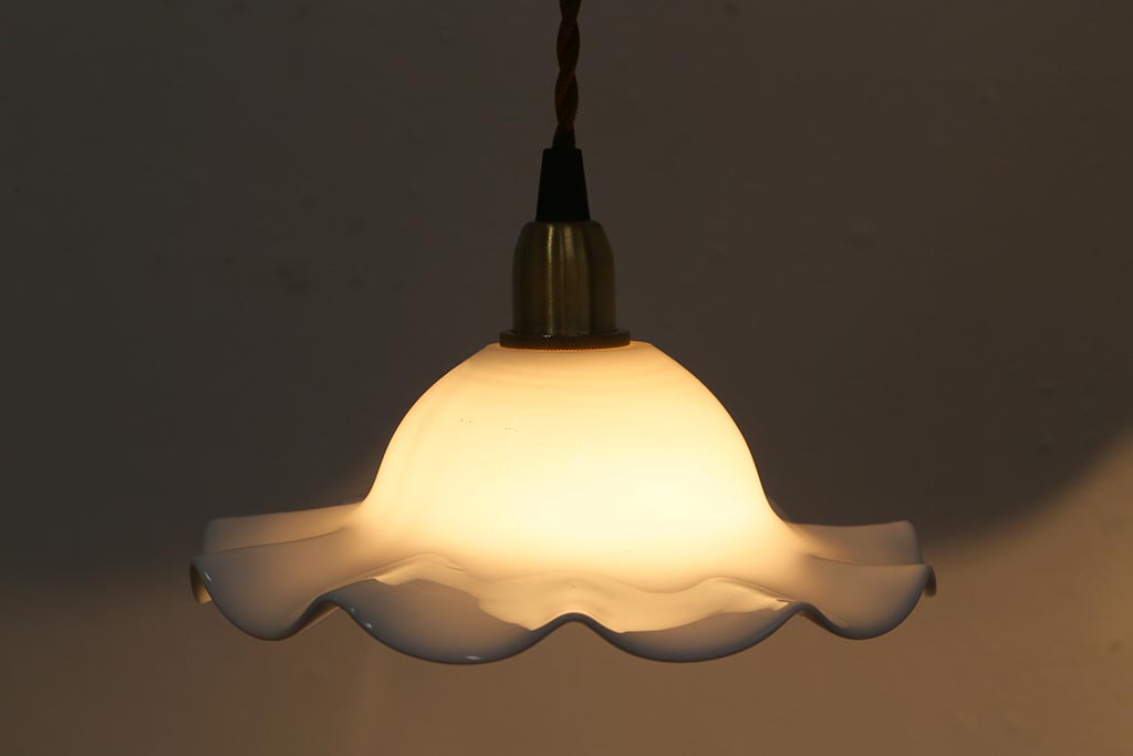 イギリスヴィンテージ照明　可愛らしいフリルシェードのペンダントライト(ランプシェード、天井照明、ビンテージ)(R-041022)
