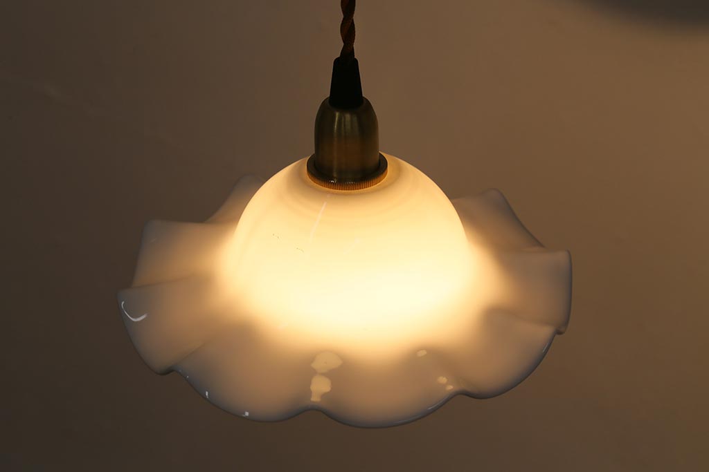 イギリスヴィンテージ照明　可愛らしいフリルシェードのペンダントライト(ランプシェード、天井照明、ビンテージ)(R-041022)