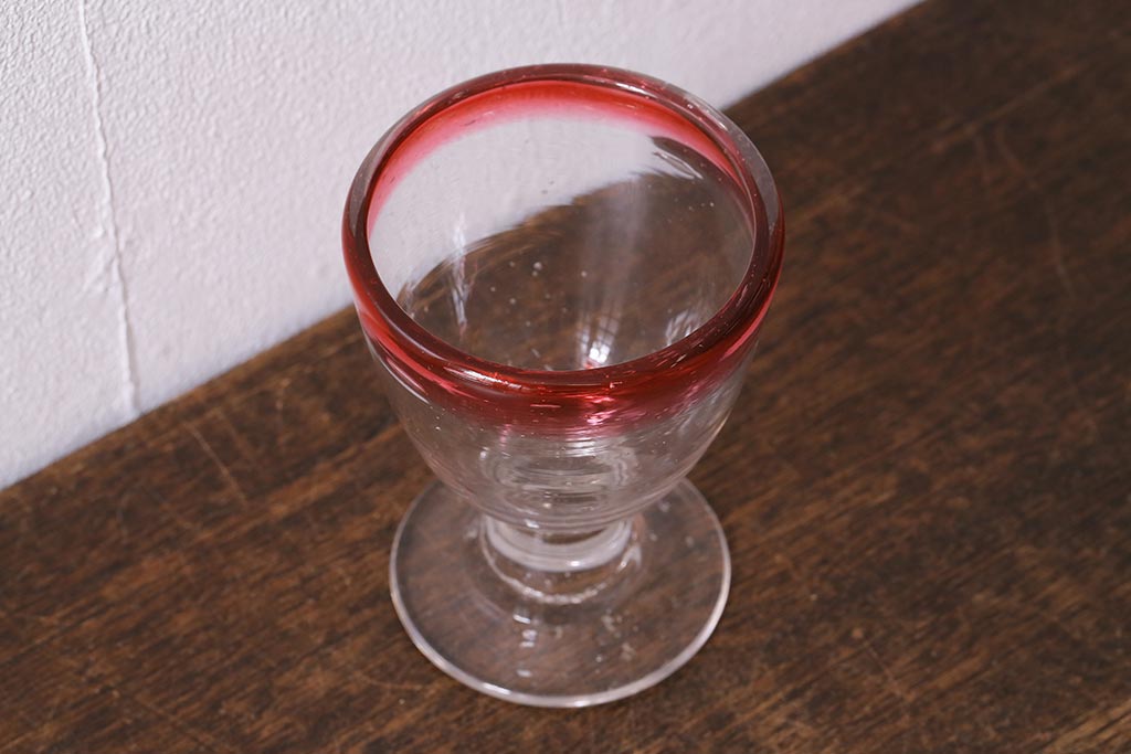 アンティーク雑貨　レトロ　大正期　なつめ形　赤縁氷コップ(吹ガラス)(R-041126)