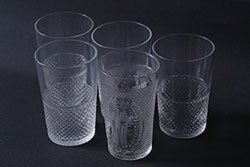 アンティーク雑貨　和製アンティーク　乳白色の縁がおしゃれなガラス器(プレスガラス、向付)3点セット