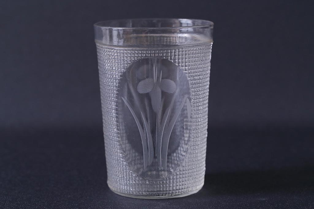 アンティーク雑貨　レトロ　プレスガラス　菖蒲(アヤメ)　グラス5個セット(コップ、和ガラス)(R-041140)