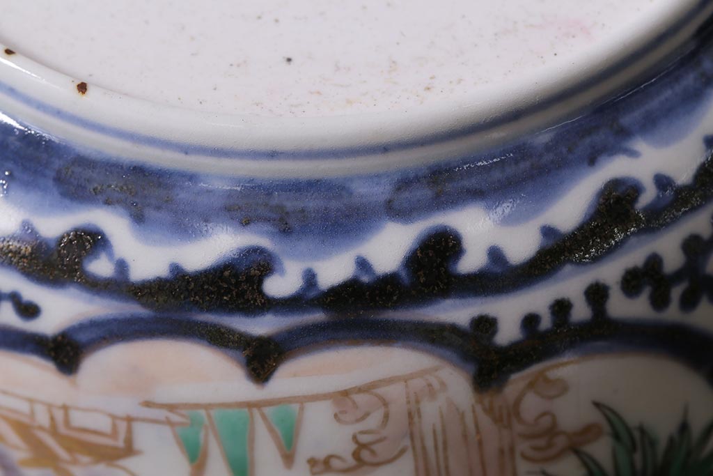 アンティーク雑貨　江戸期　古伊万里　蛸唐草窓絵深皿(色絵深鉢、和食器)(R-041332)