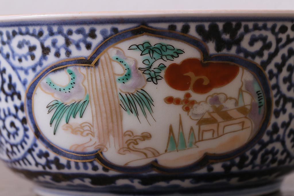アンティーク雑貨　江戸期　古伊万里　蛸唐草窓絵深皿(色絵深鉢、和食器)(R-041332)