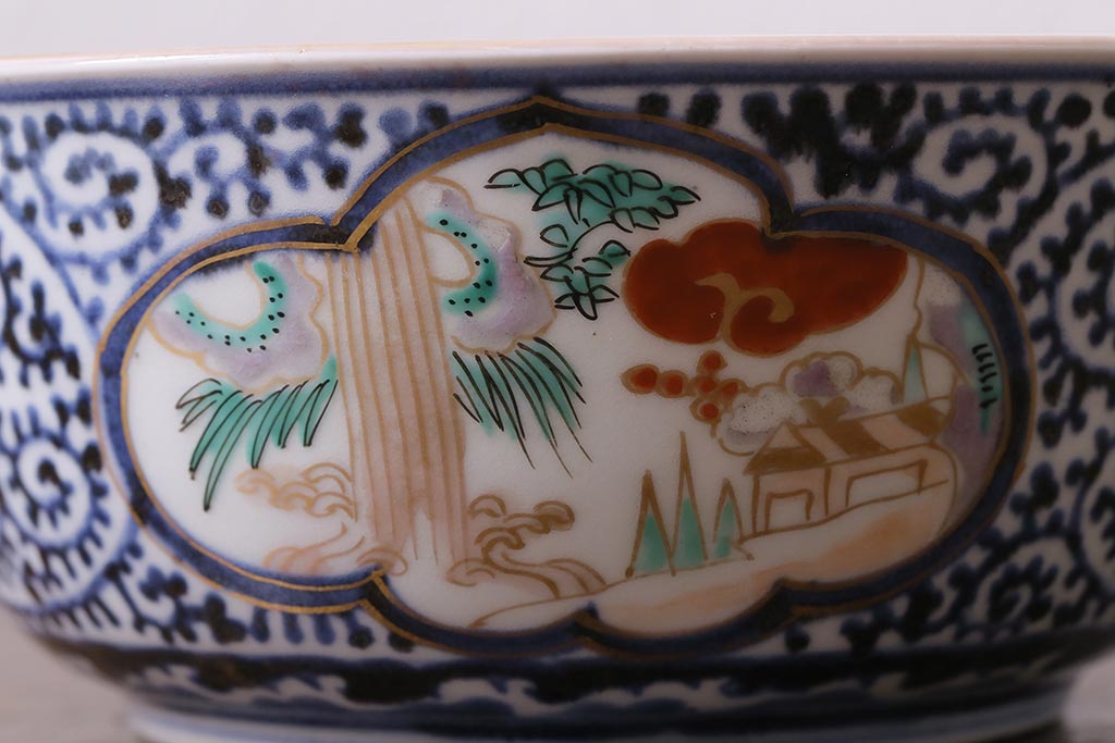 アンティーク雑貨　江戸期　古伊万里　蛸唐草窓絵深皿(色絵深鉢、和食器)(R-041333)