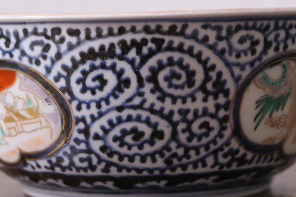 アンティーク雑貨　江戸期　古伊万里　蛸唐草窓絵深皿(色絵深鉢、和食器)(R-041333)