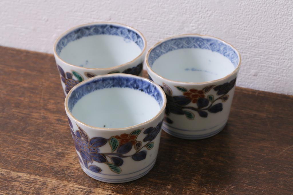 蔵c7128b】古伊万里 芙蓉手 向付 草花文 猪口 十客-