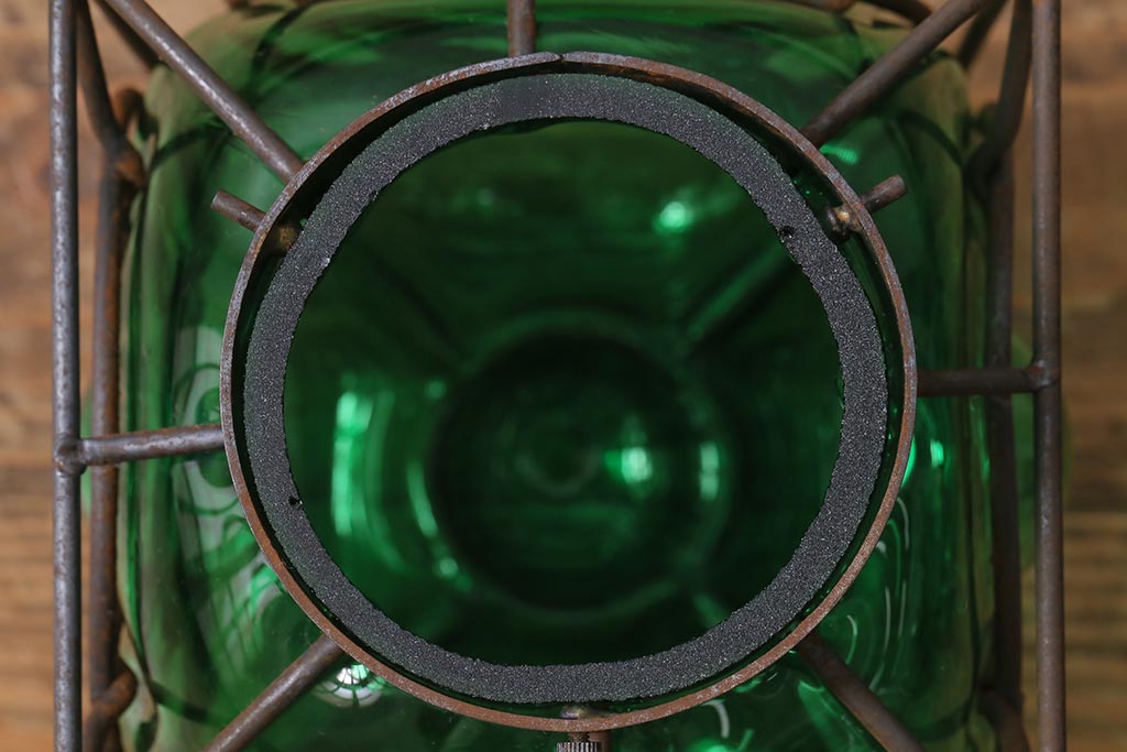 海外ヴィンテージ　アイアンフレーム　吹きガラス　グリーンの色ガラスがおしゃれなペンダントライト(ビンテージ)(R-041466)