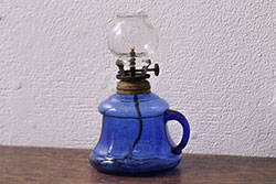 アンティーク雑貨　明治大正期　持ち手付き　青ガラスがおしゃれな豆ランプ(オイルランプ、和ガラス)(R-041471)