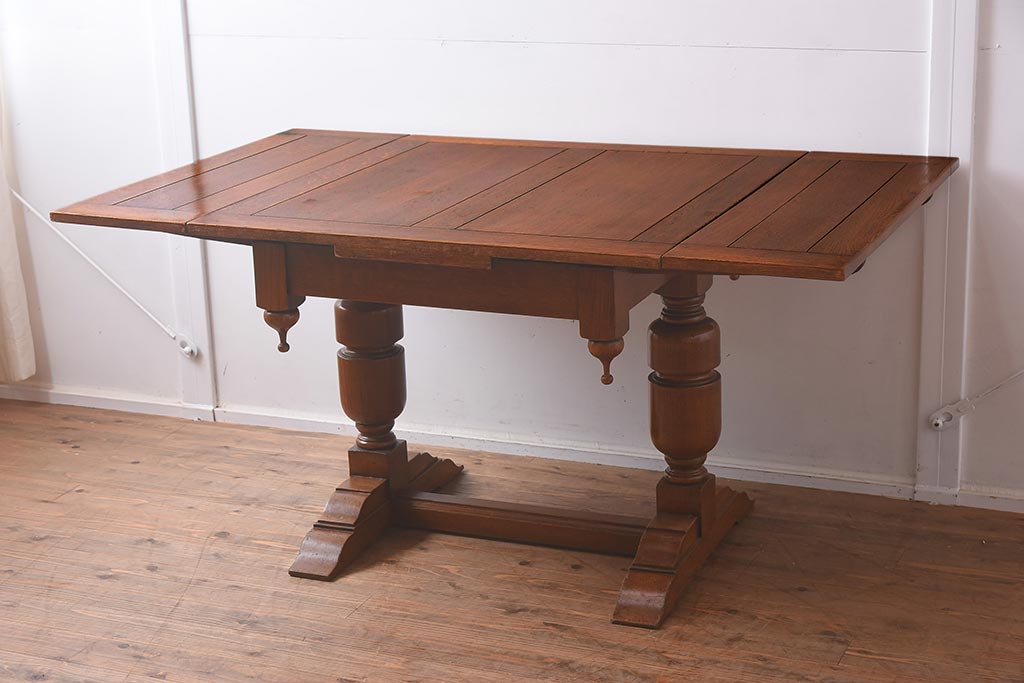 アンティーク家具　イギリスアンティーク　 シンプルなバルボスレッグのドローリーフテーブル(エクステンションテーブル、ダイニングテーブル)(R-042216)