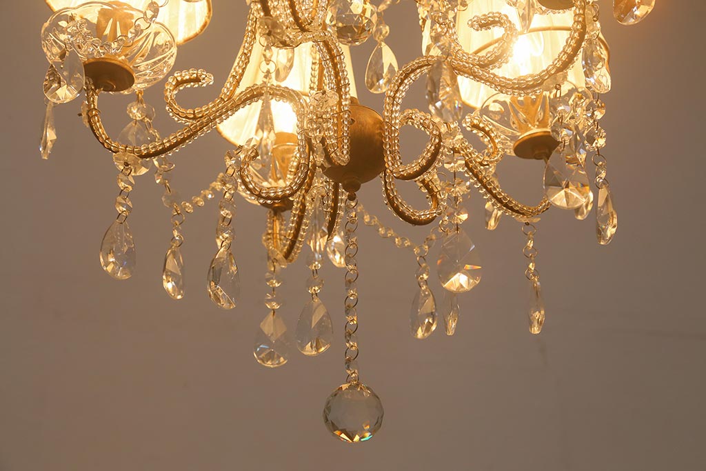 アンティーク照明　ヨーロッパアンティーク　5灯　プリーツのシェードが優しげな雰囲気のシャンデリア(天井照明、吊り下げ照明)(R-042268)