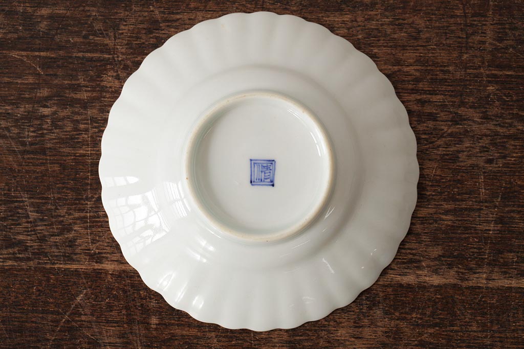 江戸期　古伊万里　白磁染付輪花小皿2枚セット(小鉢、和食器)(R-042313)
