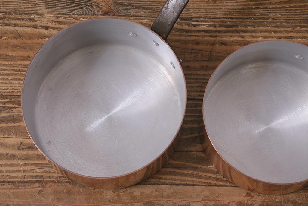 アンティーク雑貨　フランスアンティーク　鉄の取っ手の銅製片手鍋5点セット(キッチン雑貨)(R-042350)