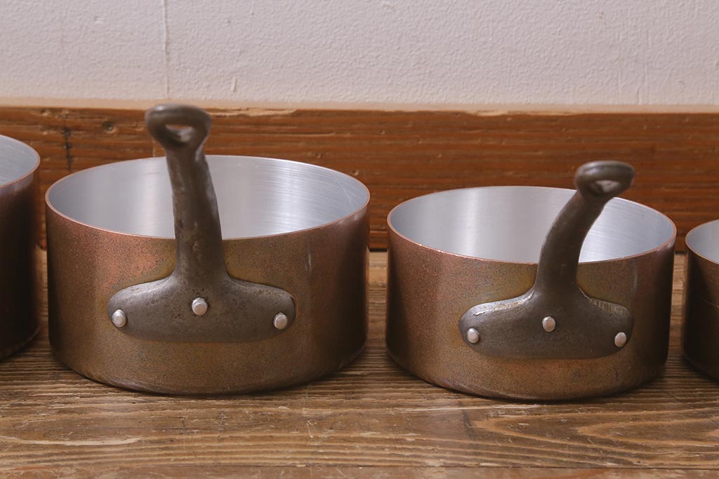 アンティーク雑貨　フランスアンティーク　鉄の取っ手の銅製片手鍋5点セット(キッチン雑貨)(R-042350)