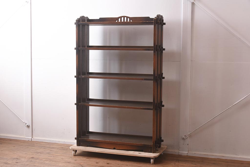 レトロ家具　透かし入り　珍しいデザインの本棚(シェルフ、ラック、飾り棚)(R-042477)