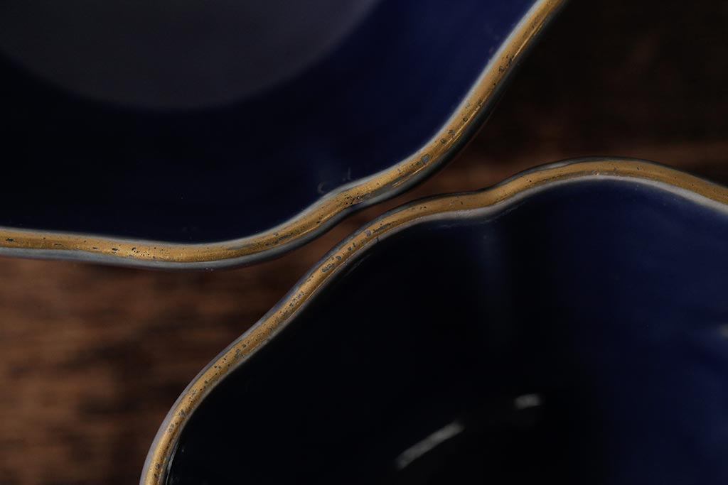 アンティーク雑貨　江戸期　古伊万里　瑠璃金彩花文蕎麦猪口2個セット(向付、和食器)(R-042525)