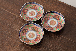 明治期　伊万里焼　色絵染付　蓋茶碗3客(和食器)(R-052755)