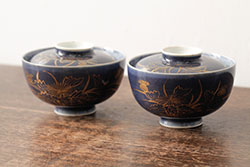 明治期　伊万里焼　色絵染付　蓋茶碗3客(角冨、角富、和食器)(R-062053)