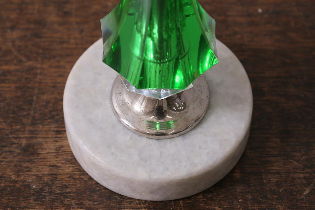アンティーク照明　昭和初期　台座大理石　グリーンのガラスボディがおしゃれなテーブルランプ(卓上照明、スタンドライト)(R-042860)
