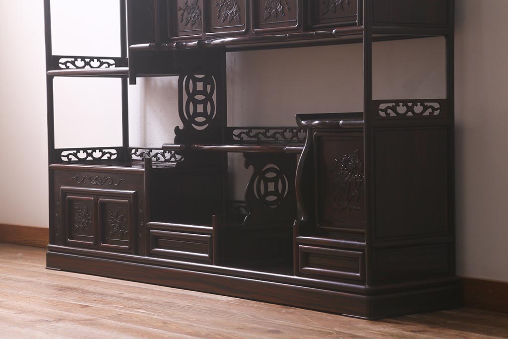 ビンテージ家具　伝統民芸　黒檀材　珍しい六尺サイズの茶棚(飾り棚、戸棚、ヴィンテージ)(R-042976)