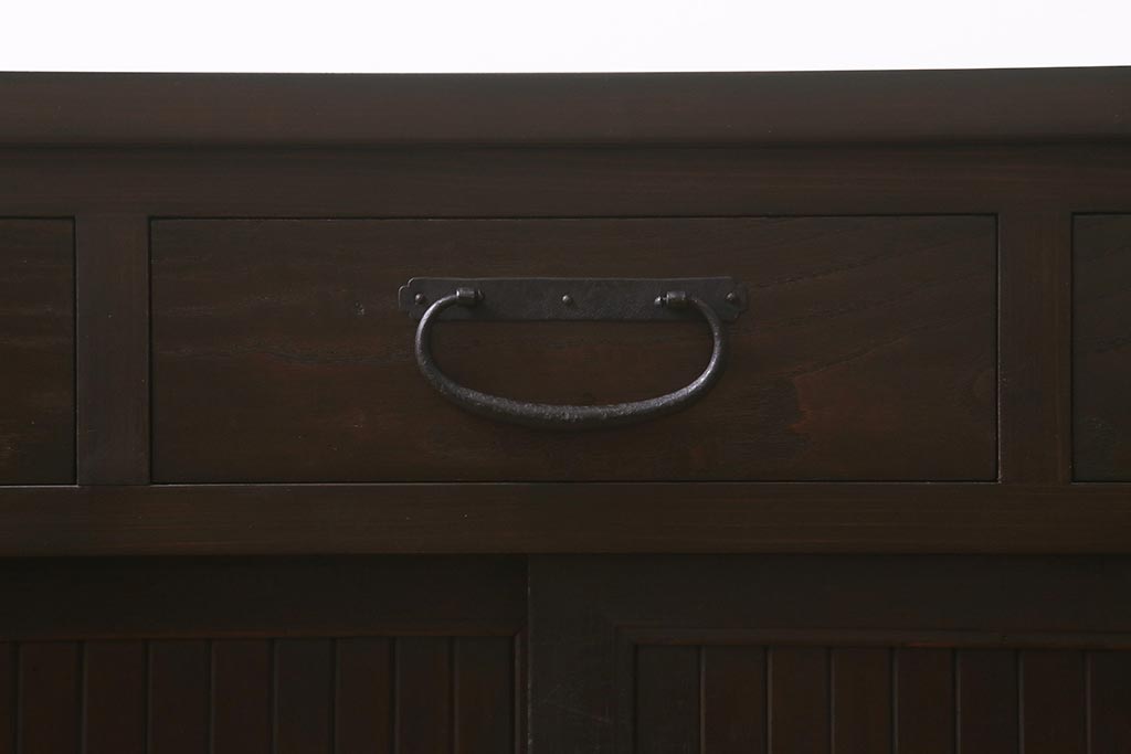 ラフジュ工房オリジナル　前面栗材　引き出し付き　明治期の味わい深い古建具を使ったリメイクローボード(テレビ台、収納棚、戸棚)(R-043216)