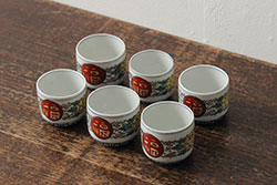 明治期　伊万里焼　色絵染付　蓋茶碗3客(角冨、角富、和食器)(R-062053)