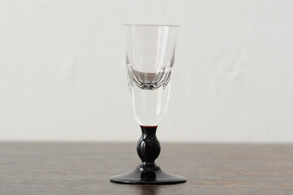 大正期　黒エナメル足　リキュールグラス3客セット(和ガラス、酒器)(R-043728)