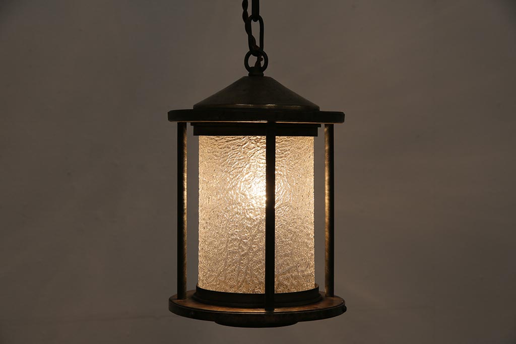 アンティーク照明　和製アンティーク　真鍮製　円柱　シャビーな質感がお洒落なランタン型ペンダントライト(吊り下げ照明、天井照明)(R-043737)