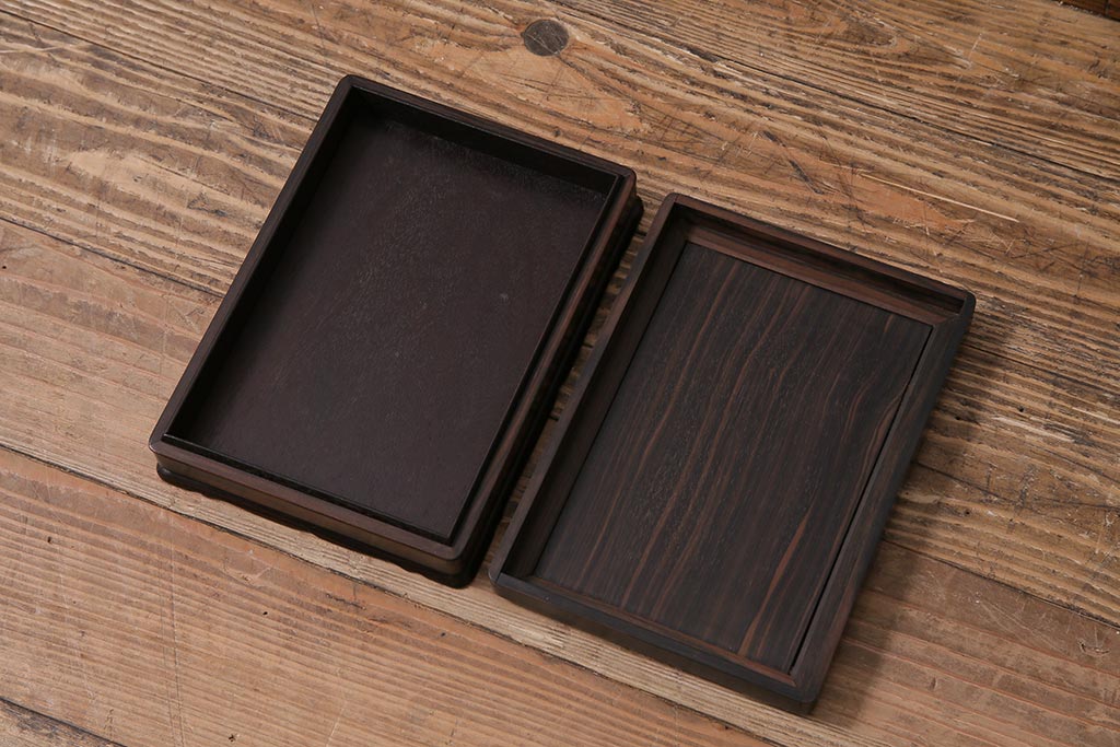 昭和中期　和製アンティーク　縞黒檀　指物　高級感漂う文箱(収納箱、小箱、小物収納)(R-043747)