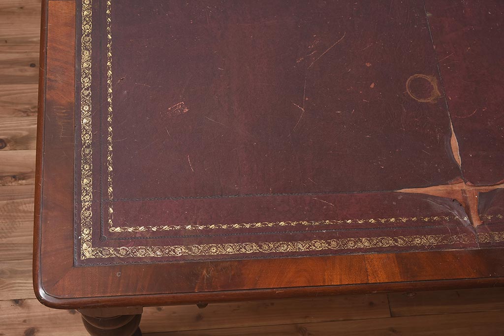 アンティーク家具　イギリスアンティーク　特大!　マホガニー材　図書館で使われていた両面引き出しのレザートップテーブル(デスク、在宅ワーク、在宅用ダイニングテーブル)(R-043751)