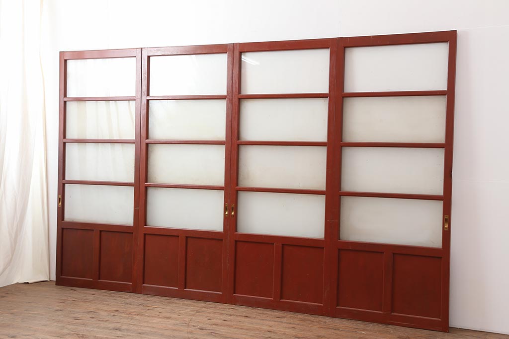 ビンテージ建具　温もりあふれる空間づくりにおすすめな暖色のガラス戸4枚セット(引き戸、建具)(R-043804)
