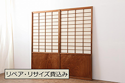 昭和レトロ　両開き　結霜ガラス入り!シンプルな木製アンティークドア(扉)2枚1対(1)