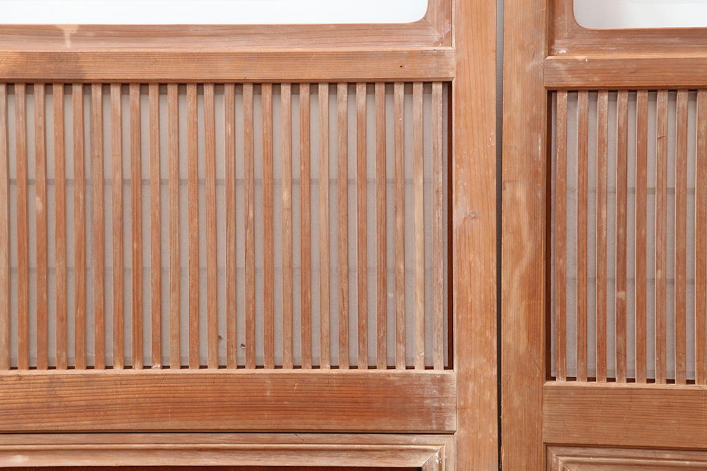 アンティーク建具　昭和中期　腰板ケヤキ材　裏障子付きの格子戸2枚セット(建具、ガラス帯戸、引き戸)(R-043865)