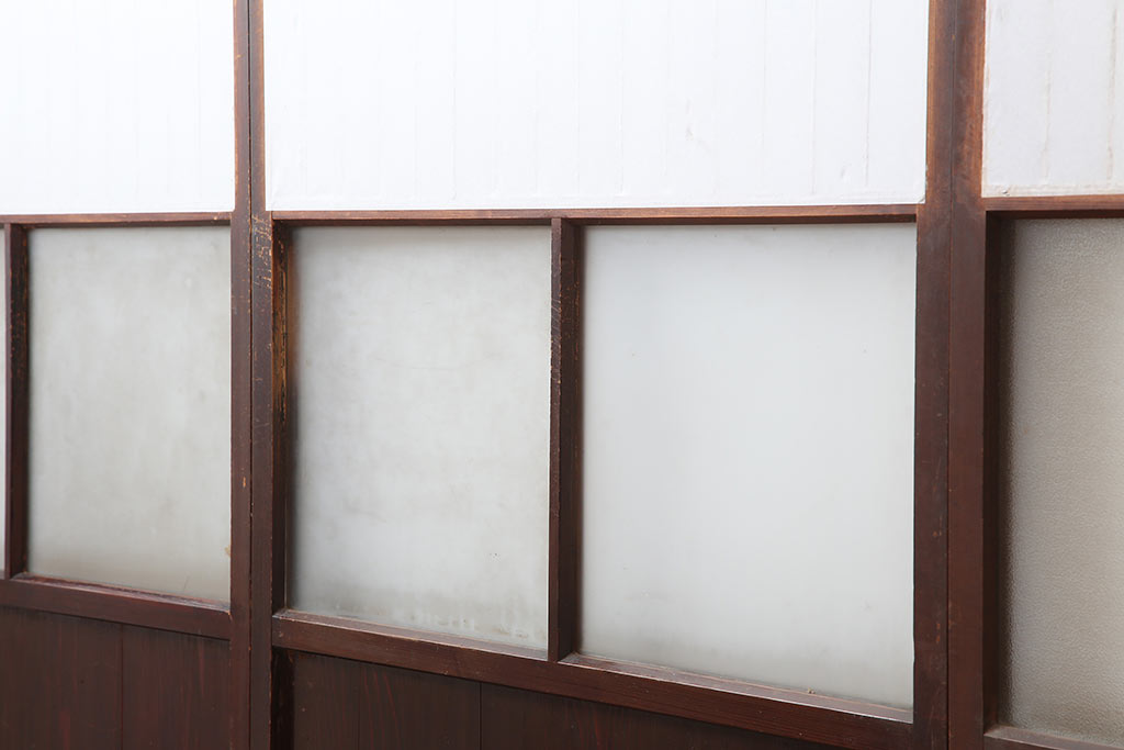 アンティーク建具　昭和初期　レトロガラス入り　すっきりとした格子が目を引く障子戸4枚セット(引き戸、ガラス帯戸)(R-043899)