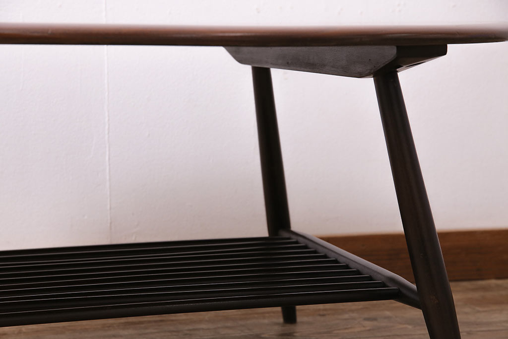ヴィンテージ家具　イギリス　ERCOL(アーコール)　ニレ材　マガジンラック付き　落ち着いた色合いのコーヒーテーブル(センターテーブル、リビングテーブル、ビンテージ)(R-043901)